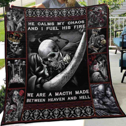 Buy Skull Husband And Wife He Calms My Chaos Quilt Blanket & Quilt Bedding Set Great Customized Gifts For Birthday Christmas Thanksgiving Wedding Valentine'S Day