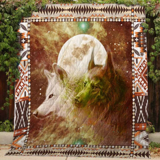 Buy Two Wolves And The Moon Native American Pattern Quilt Blanket & Quilt Bedding Set Great Customized Gifts For Birthday Christmas Thanksgiving Perfect Gifts For Wolf Lover