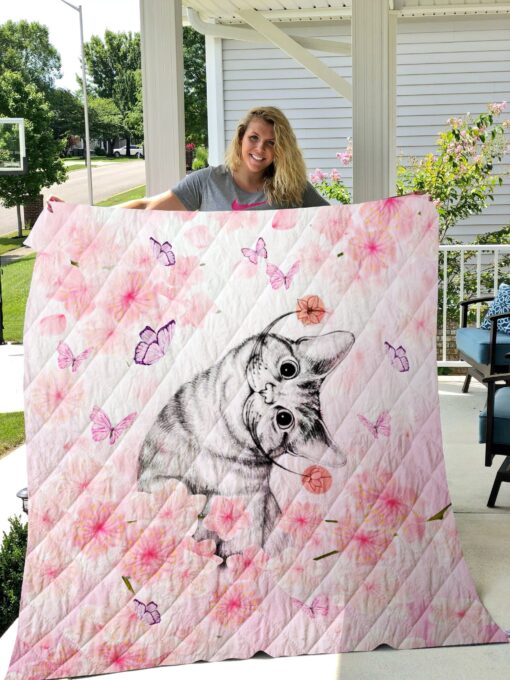 Buy Cat Butterfly Flower Pink Quilt Blanket & Quilt Bedding Set Great Customized Gifts For Birthday Christmas Thanksgiving Perfect Gifts For Cat Lover