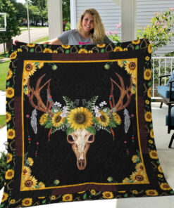 Buy Deer Skull Wearing Sunflower Wreath Quilt Blanket & Quilt Bedding Set Great Customized Gifts For Birthday Christmas Thanksgiving Perfect Gifts For Sunflower Lover