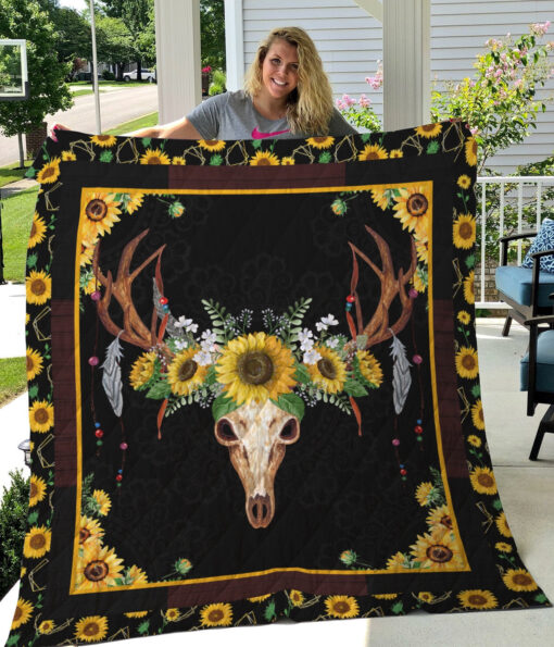 Buy Deer Skull Wearing Sunflower Wreath Quilt Blanket & Quilt Bedding Set Great Customized Gifts For Birthday Christmas Thanksgiving Perfect Gifts For Sunflower Lover